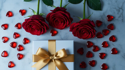 Valentine's Day Composition With Elegant Red Roses, A Gold-Ribboned Gift Box, And Sparkling Red Heart Decorations