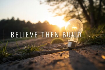 Light Bulb Glows with Inspirational Quote Believe Then Build