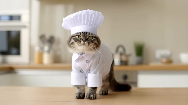 Adorable cat chef in kitchen playfully prepares imaginary feast