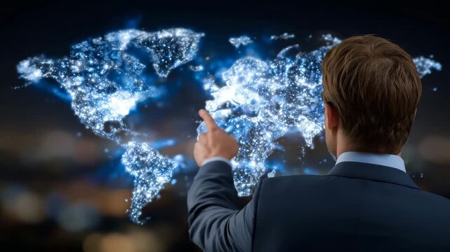 Politician seen from behind, one hand holding the office phone, the other pointing at a glowing digital world map, conveying the tension and urgency of international negotiations