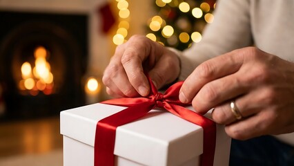 Hands Tying a Red Ribbon on a White Gift Box present
