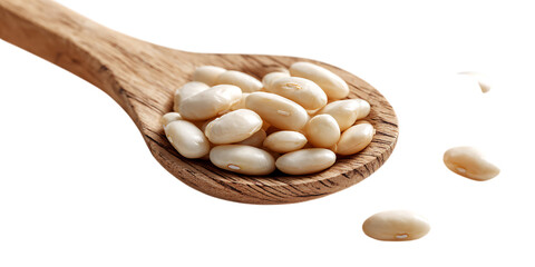 Wooden spoon filled with mixed nuts and beans isolated on a white background