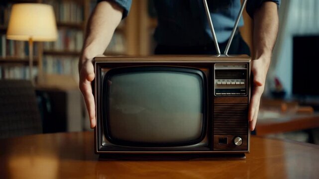 Placing a vintage tv on wooden table in cozy retro living room setting