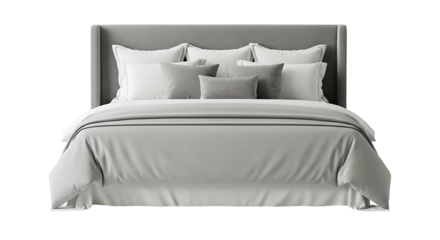 Elegant Gray Bed with White and Gray Linens Isolated on White Background.