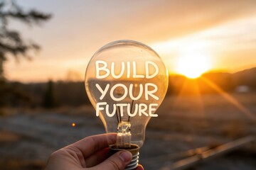 Light Bulb Holding Inspiring Quote Build Your Future at Sunset