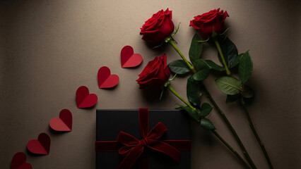 Elegant Black Gift Box With Velvet Red Ribbon Next To Three Stems Of Red Roses And Folding Paper Hearts