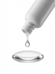 Clear liquid dropping from a white bottle onto a white surface, close-up studio shot