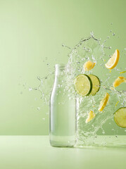 Refreshing water splash with lemon and lime slices exploding from a clear glass bottle