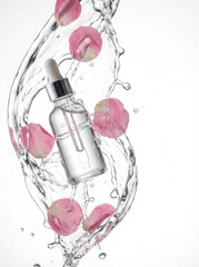 Clear serum bottle with pink rose petals and splashing water on white background