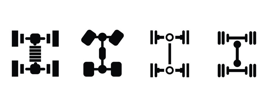 Top view icons of car chassis and drivetrain systems, representing different vehicle configurations and mechanics.