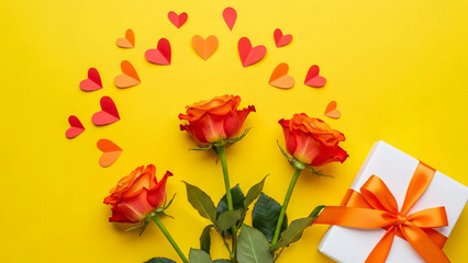Bright Yellow Background With Three Orange Roses, Paper Hearts, And A Gift Box Wrapped In Orange Ribbon