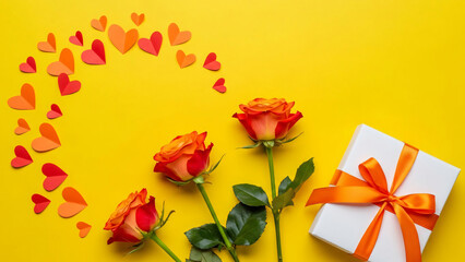 Flat Lay of Three Vibrant Roses and White Gift Box with Orange Ribbon Surrounded by Red and Orange Paper Hearts
