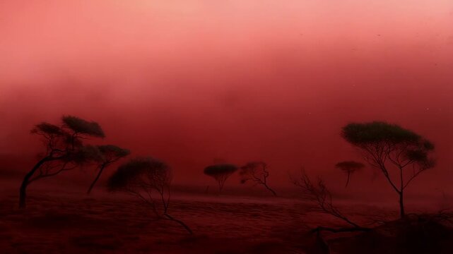 Dramatic desert windstorm with dark skies and sand movement in arid landscape