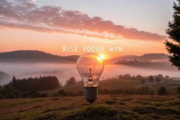 Light Bulb Illuminates Inspirational Quote Rise Focus Win at Sunrise