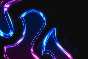 Glowing neon light design featuring blue wave lines and a spiral motion pattern on a dark abstract background