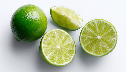 Close up of juicy green limes cut into halves and quarters on white background