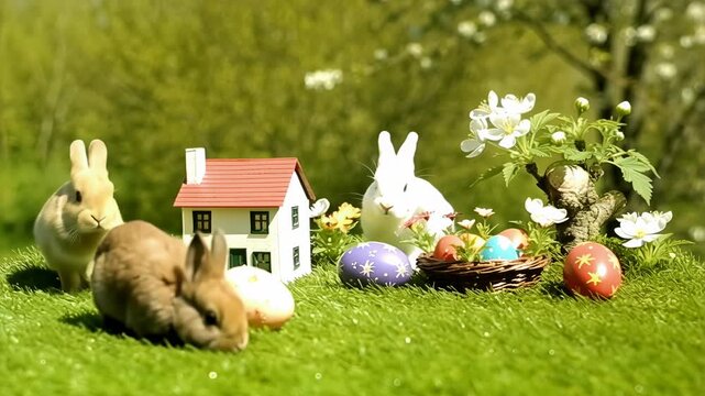 Retro VHS Easter Bunnies with Colorful Eggs and Miniature House in Spring Meadow