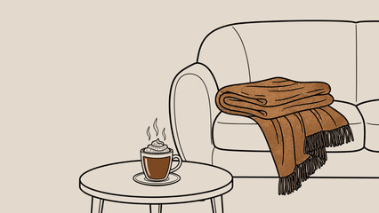 Cozy scene with a warm blanket and a steaming cup of drink in free space