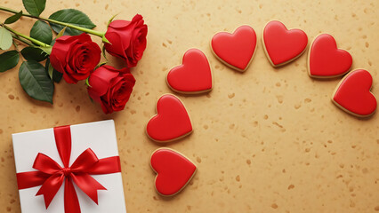 Romantic Overhead Arrangement of Red Roses, Heart Cookies, and a Gift Box with Red Ribbon on a Textured Beige Surface