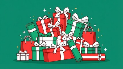 Pile of Red and Green Christmas Gift Boxes and Bags Keywords: christmas gifts, present pile