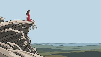 Woman sitting on a cliff with legs hanging down in a free space landscape