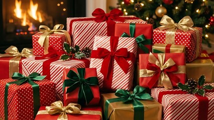 Pile of Wrapped Christmas Presents by a Fireplace photo