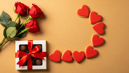 Romantic Flat Lay: Red Roses, Chocolate Gift Box, and Heart Cookies for Valentine's Day Celebration