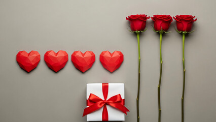 Romantic Flat Lay Composition With Red Roses, Geometric Hearts, And A Gift Box On A Neutral Gray Background