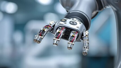 A robot arm with a silver and red design. The robot arm is made of metal. Close-up intelligent surgical manipulator arm joint smooth continuous rotation high accuracy, surgical robot system - Powered by Adobe