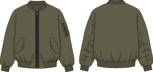 Olive green bomber jacket technical fashion sketch showing front and back views with zipper details, pockets, and ribbed cuffs for manufacturing