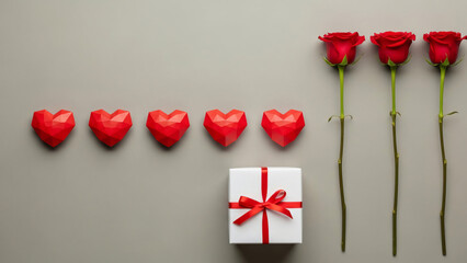 Minimalist Arrangement of Red Polygonal Hearts, Fresh Roses, and a Tied Gift Box on a Neutral Gray Background