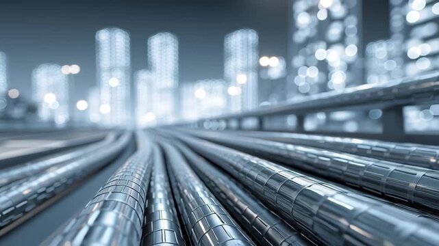 A cityscape with a focus on the power lines that run through it. Close-up infrastructure renewal concept micro pipes and micro conduits representing future city refresh, city revitalization