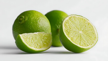 Close up of juicy green limes cut into halves and quarters on white background