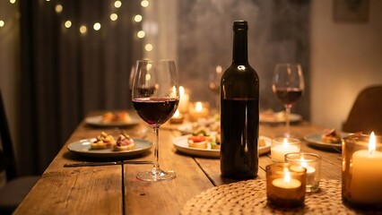 Romantic Dinner Table Setting with Wine and Candles