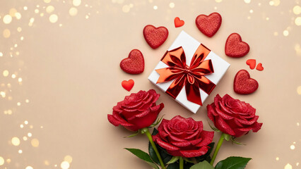 Elegant Flat Lay of Red Roses, Glitter Hearts, and Gift Box for Valentine's Day, Anniversary, or Romantic Celebration