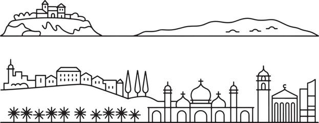 Obraz premium Outline of historical mediterranean town on hill overlooking scenic natural landscape background
