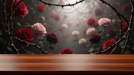Valentine's day wooden table with roses background for commercial usage and mockups