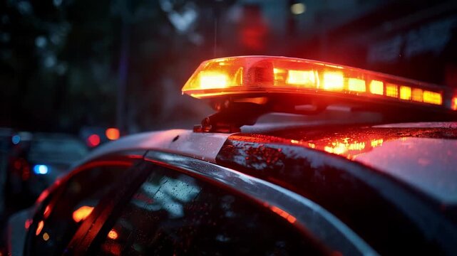 LED emergency light bar glowing brightly atop police cruiser improving 360degree visibility in lowlight conditions.