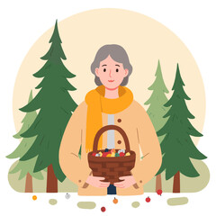 Elderly woman holding a basket of fruits standing in a pine forest. Elderly set  