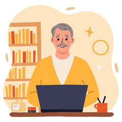 Elderly man working on laptop at home office with bookshelves. Elderly set  
