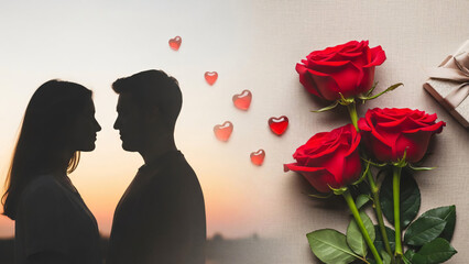 Romantic Silhouette Of Couple Facing Each Other Merged With Red Roses, Floating Hearts, And Gift For Love Celebration