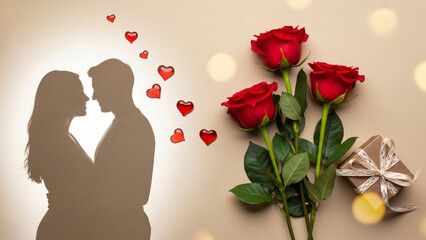 Romantic Silhouette Couple Embracing Near Red Roses, Floating Hearts, and A Wrapped Gift Box for Valentine's Day