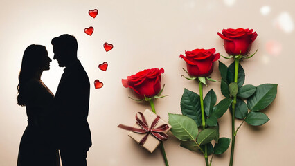Silhouetted Couple Embracing Beside Three Red Roses, A Wrapped Gift, and Floating Love Hearts