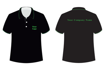 Black T-shirt with green line.. T-shirt vector template (front and back) mock up isolated on white background. flat technical drawing template. Unisex T-Shirt illustration, relaxed fit, 