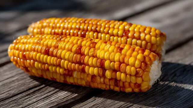 181Macro shot of fresh golden corn cobs lying diagonally on a weathered wooden surface, soft natural light casting gentle shadows, emphasizing texture and vibrant harvest colors