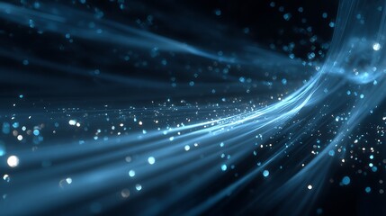 A dynamic, abstract composition of swirling blue light trails with subtle, glowing particles