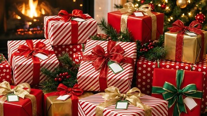 Stack of Christmas Gifts with Fireplace and Tree photo