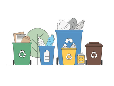 Eco friendly waste management and recycling bins with sorting symbols