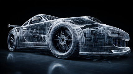 Vintage Classic Car Wireframe Blueprint Illustration Isolated on Gray and black Background.