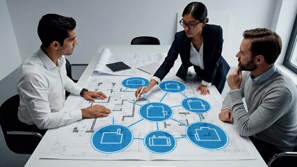 Architectural team reviewing building blueprints around a large table collaborating on design plans and discussing construction details in a modern office setting
